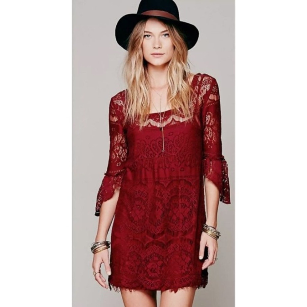 Free People Lace Mini Dress Small Burgundy Boho Bell‎ Sleeve Festival Wedding